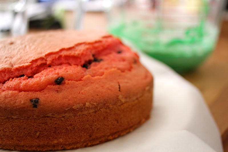 pink cake with chocolate chips