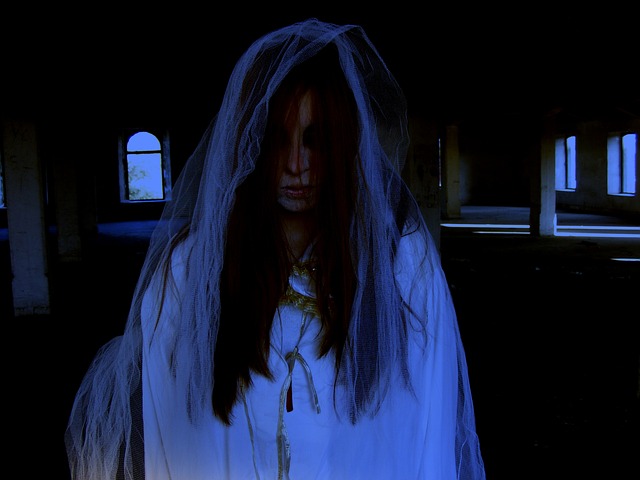 a woman dressed as a scary ghost in white - halloween themes